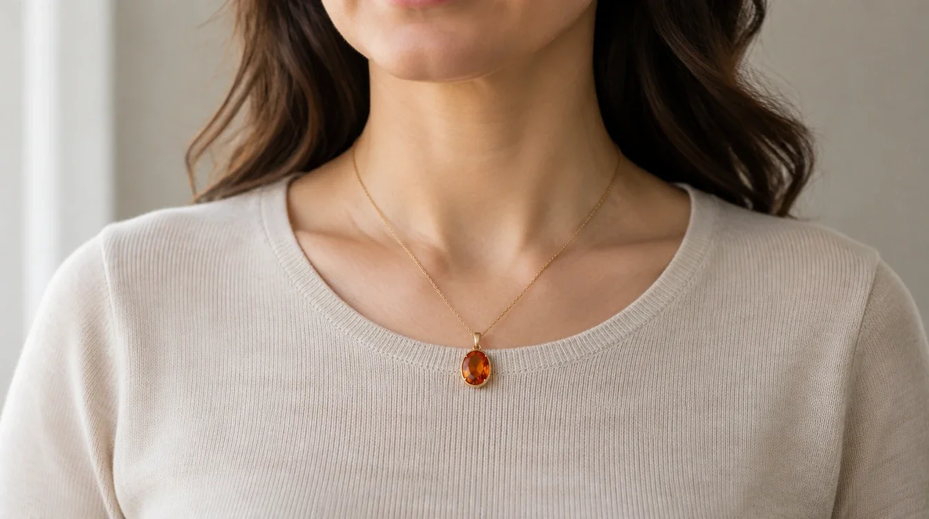 An orange garnet pendant hangs upright at chest level against a plain neutral top.