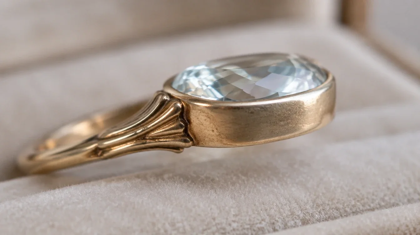 Side view of a bright gemstone with a continuous bezel rim and closed metal sidewall