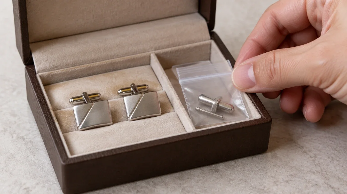 Both cufflinks packed in a padded box with the detached swivel bar and pin secured in a small pouch