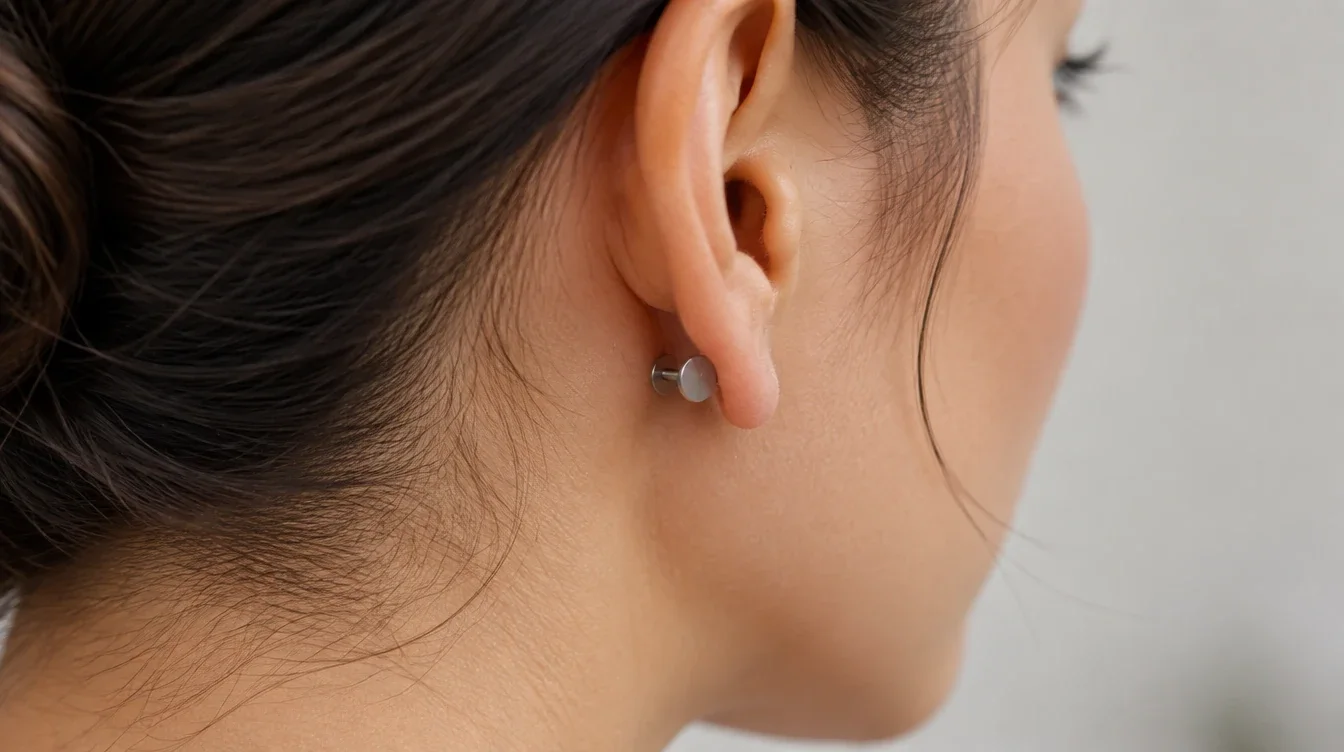 Rear close-up of a flat-back stud resting against a healed earlobe.