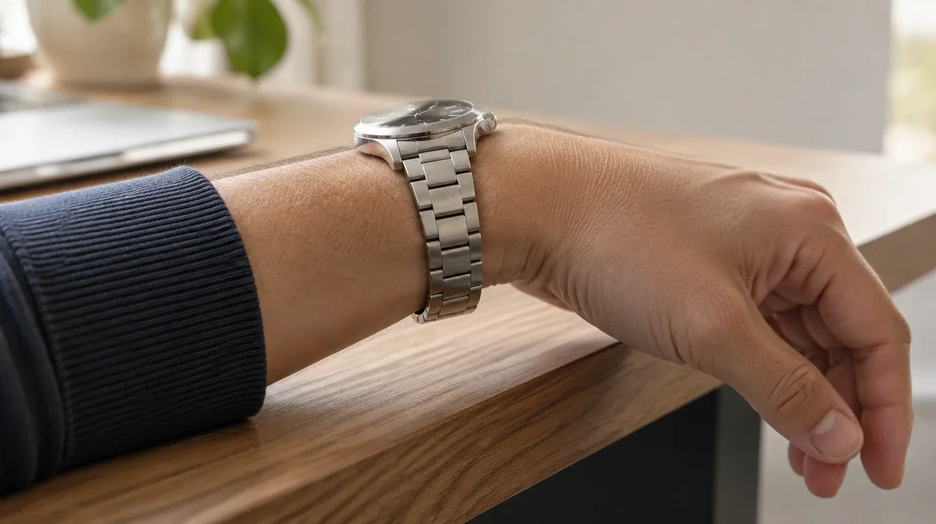 Wearer gently bends a wrist at a desk to check steel watch bracelet comfort