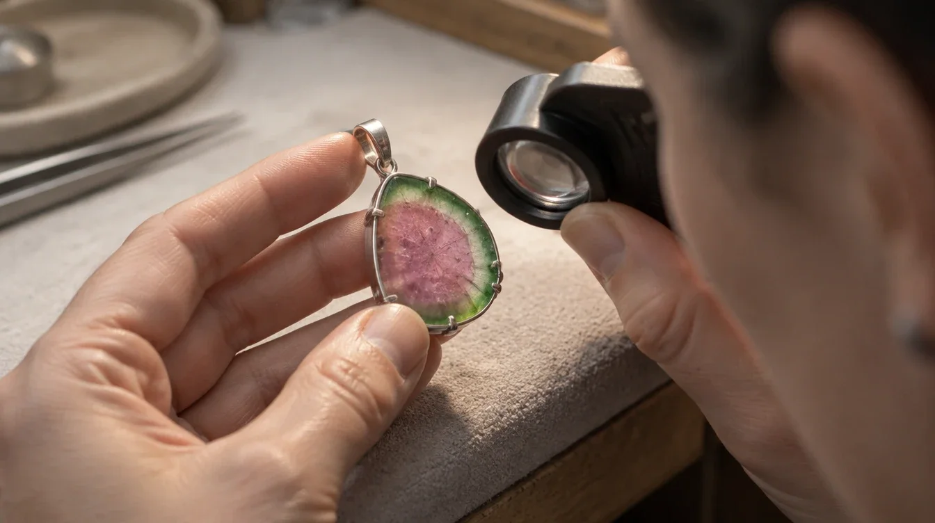 Jeweler viewing a mounted watermelon tourmaline slice through a loupe above a padded bench