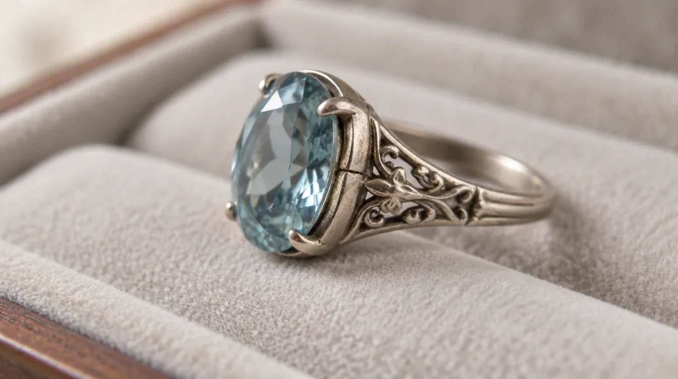 A ring with a small crack in its metal mount set aside on a padded tray
