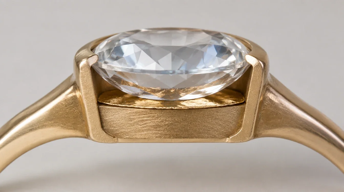 Conceptual cutaway showing a thin foil layer beneath a gemstone inside a closed metal setting