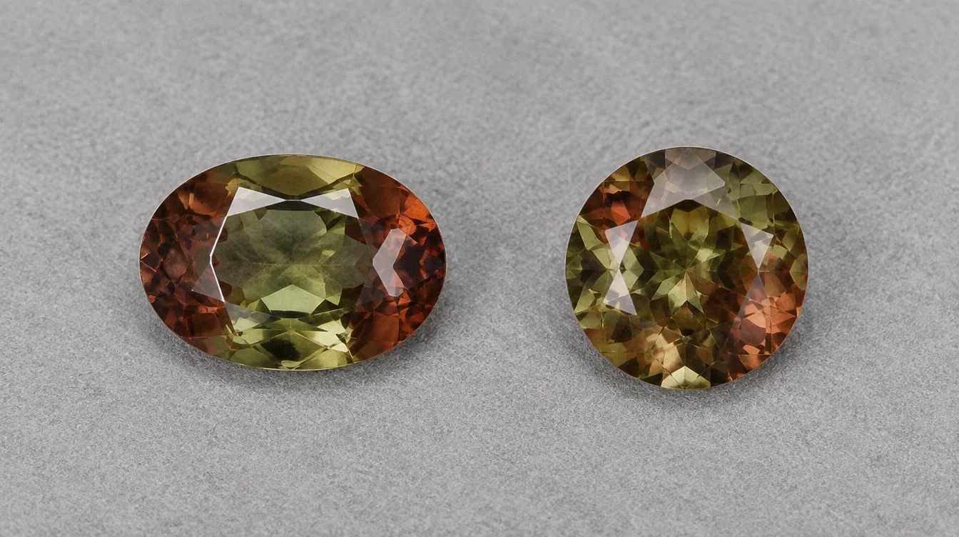 Oval and round andalusites viewed face up together to compare their color patterns