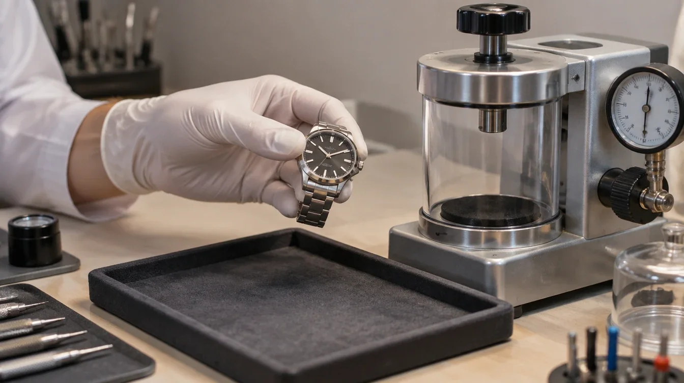 Watchmaker preparing a closed wristwatch beside a professional dry pressure tester