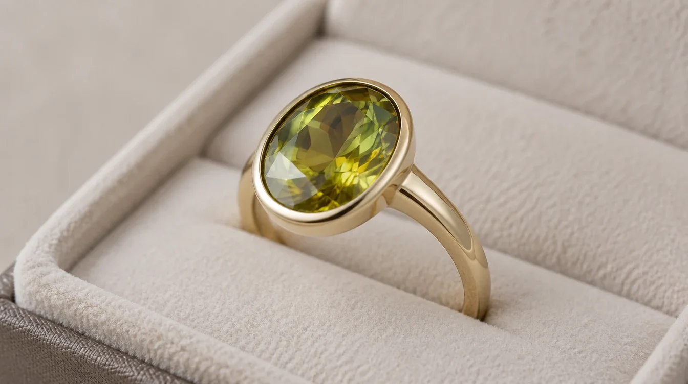 Side view of a sphene bezel ring showing its covered edge and exposed upper facets