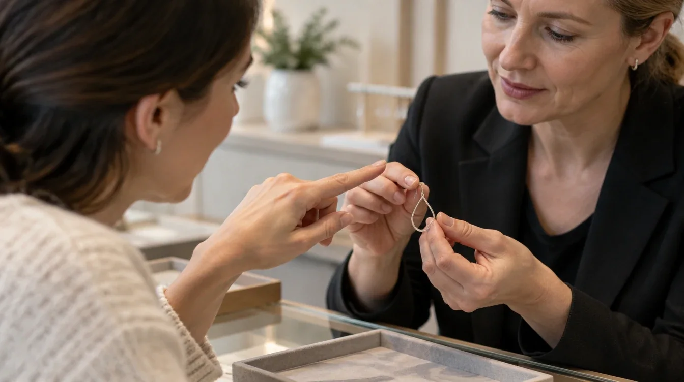 A shopper asks a seller about a wire earring’s hook and joining loop.