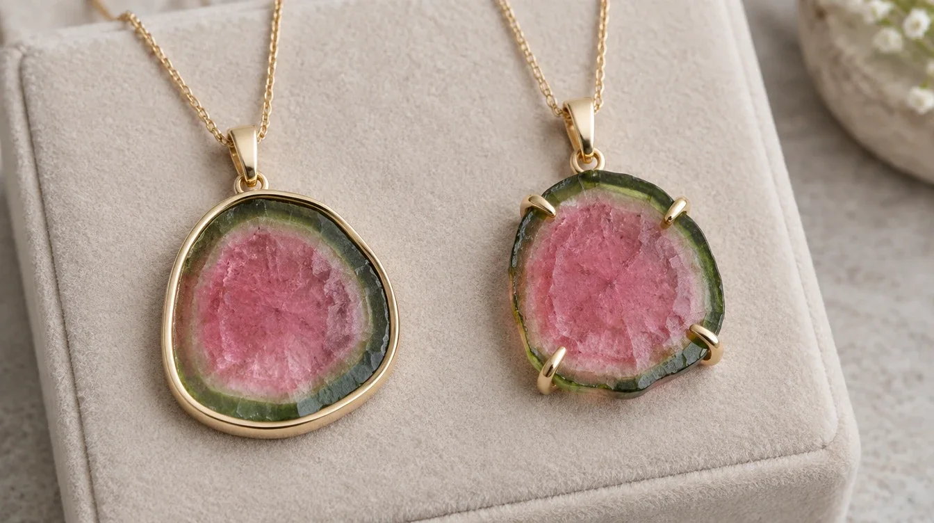 Bezel and prong mounted watermelon tourmaline pendants showing different amounts of exposed edge