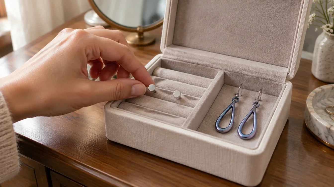 A hand reaches for small studs beside longer drop earrings in an open jewelry box.
