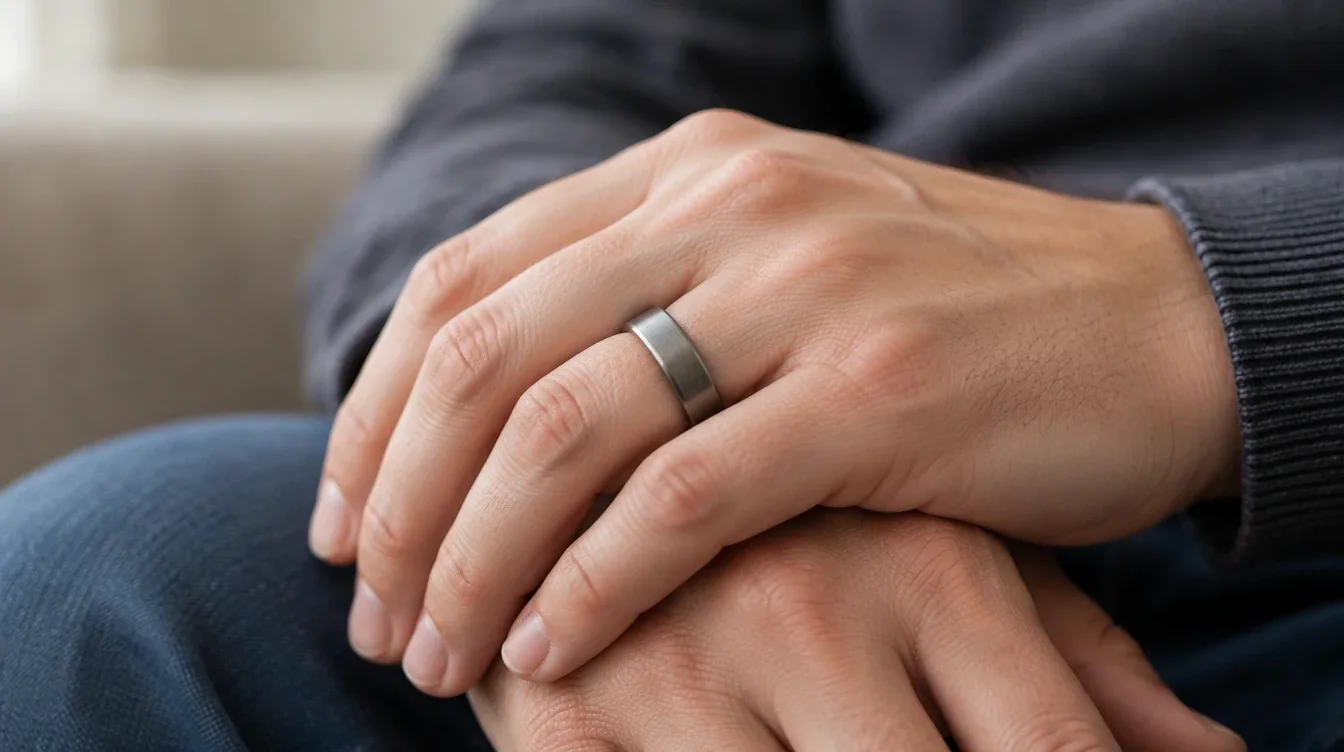 A relaxed hand wears a brushed tantalum wedding band with subtle surface wear.
