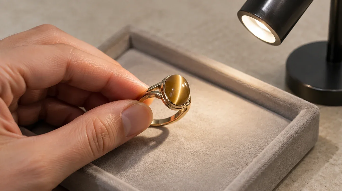 A person gently tilts a cabochon ring under one direct light above a padded tray