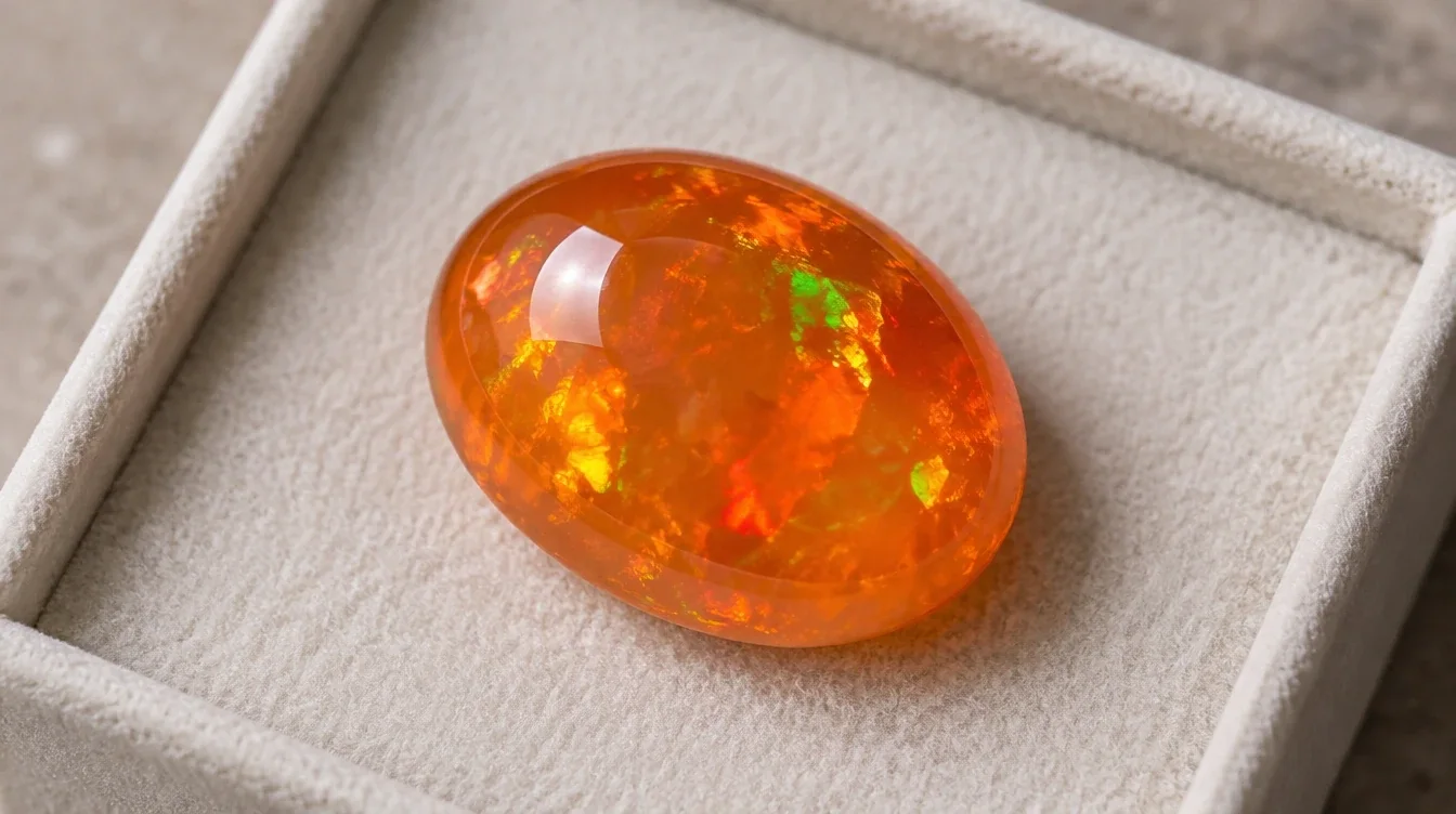 Orange fire opal cabochon showing localized green, yellow, and red play of color