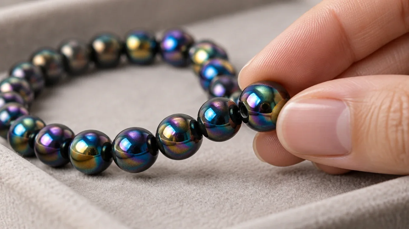 Close view of rainbow finished beads with one bead gently supported between fingertips