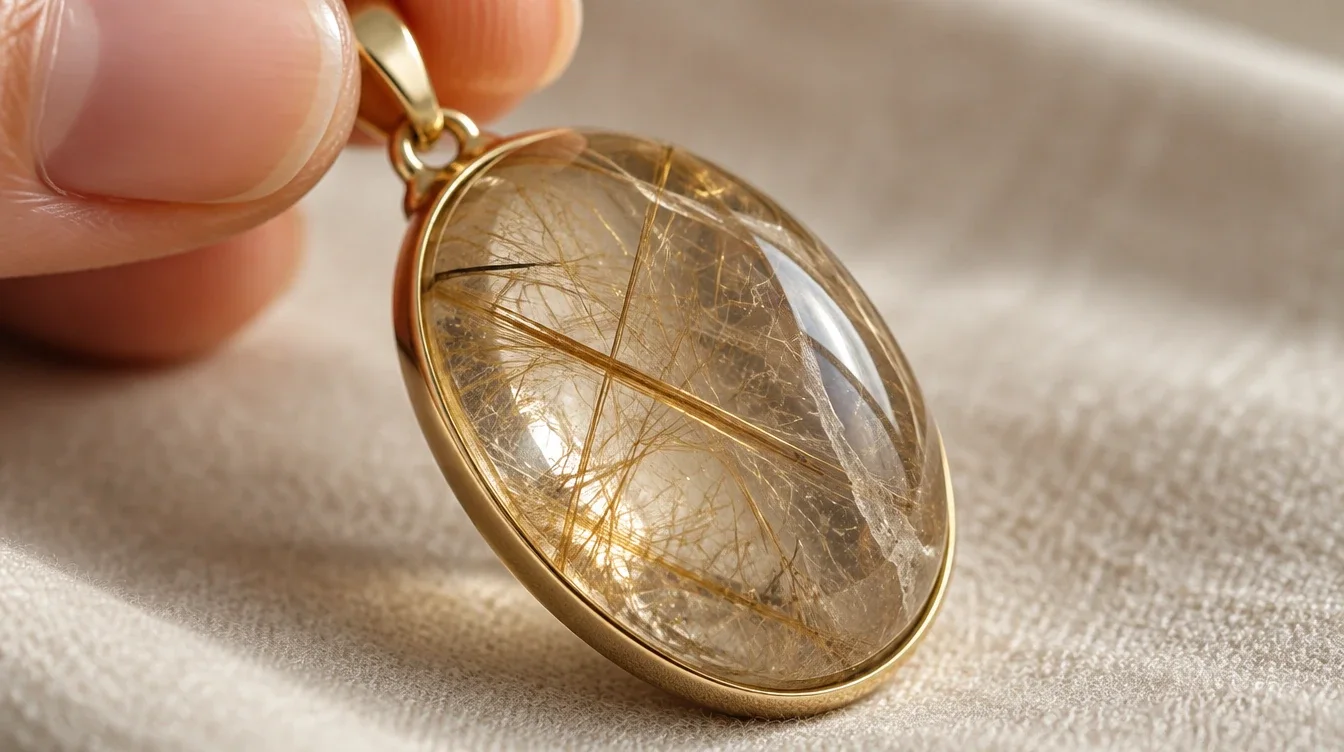 Angled close view of quartz needles at different depths inside a gently held pendant