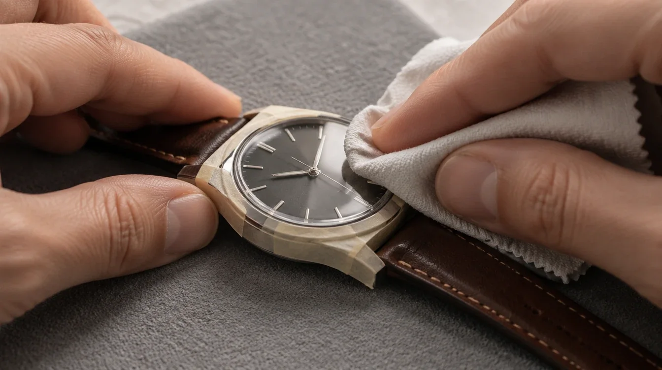 Gentle hand polishing of a watch crystal with the bezel masked and case supported.