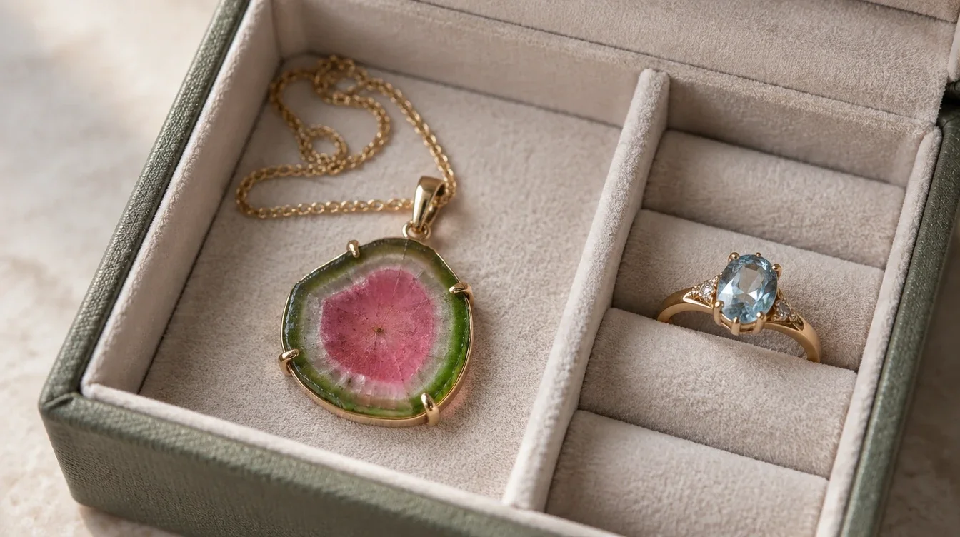 Watermelon tourmaline pendant stored alone in a lined compartment apart from a gemstone ring
