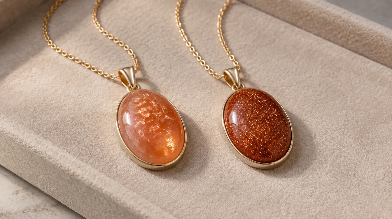 Sunstone and goldstone pendants in matching settings resting together on a matte jewelry tray.