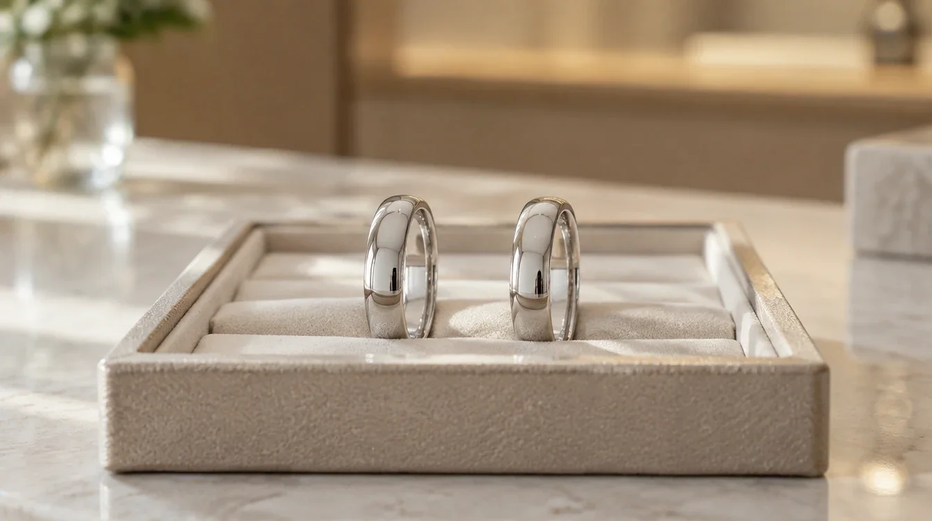 Two polished white metal wedding bands displayed together on a neutral jewellery tray