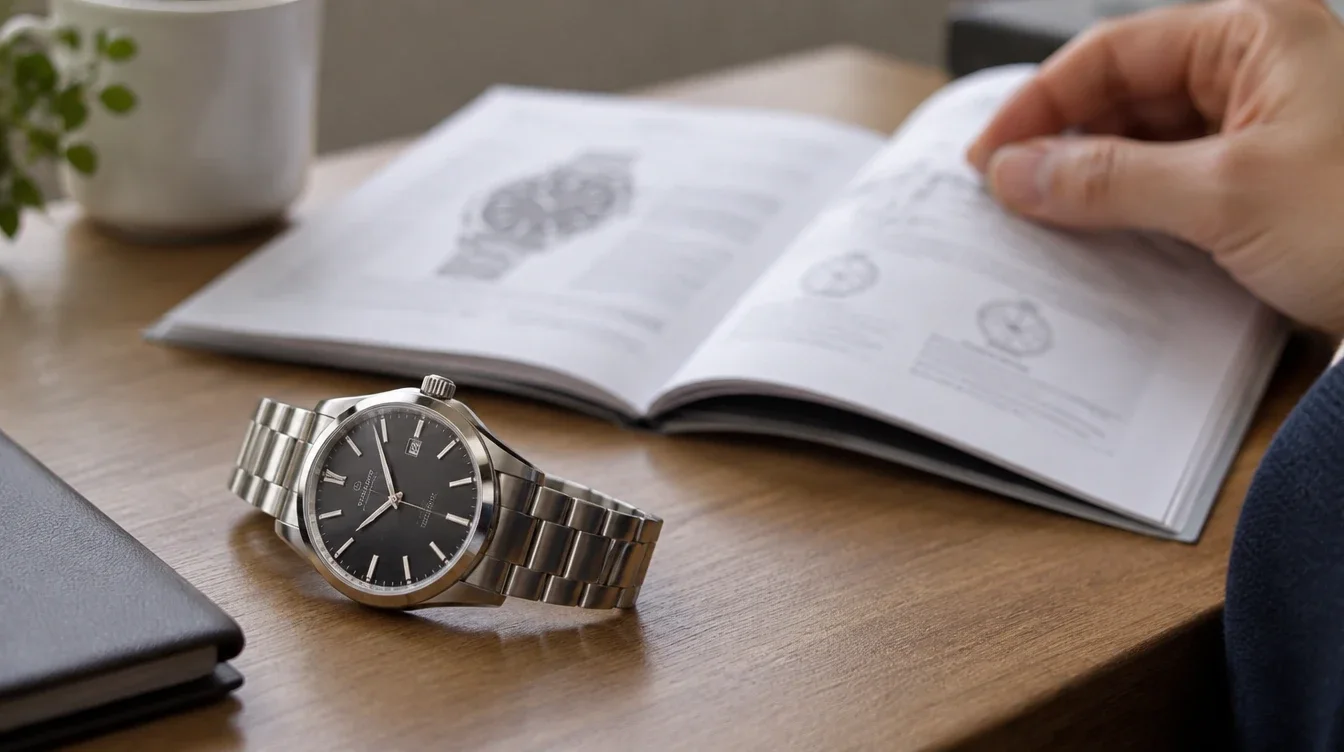 Owner consults an instruction booklet while a date watch rests untouched beside it.