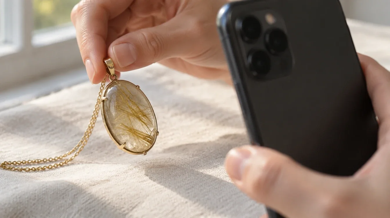Phone camera aimed at the rim and side of a rutilated quartz pendant above a soft cloth