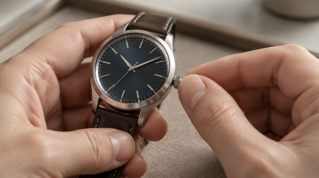 Hands gently hold an automatic watch and grasp its crown above a padded surface.