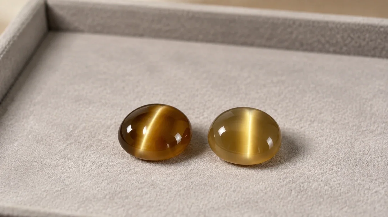 Two honey brown cabochons with similar bright cat’s eye bands on a jeweler’s tray