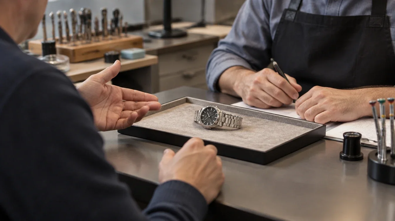 Customer and watchmaker discussing a wristwatch and service paperwork at a counter