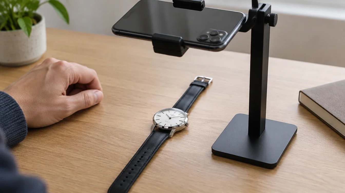 Phone secured above a quartz watch to record the whole dial without moving the camera.