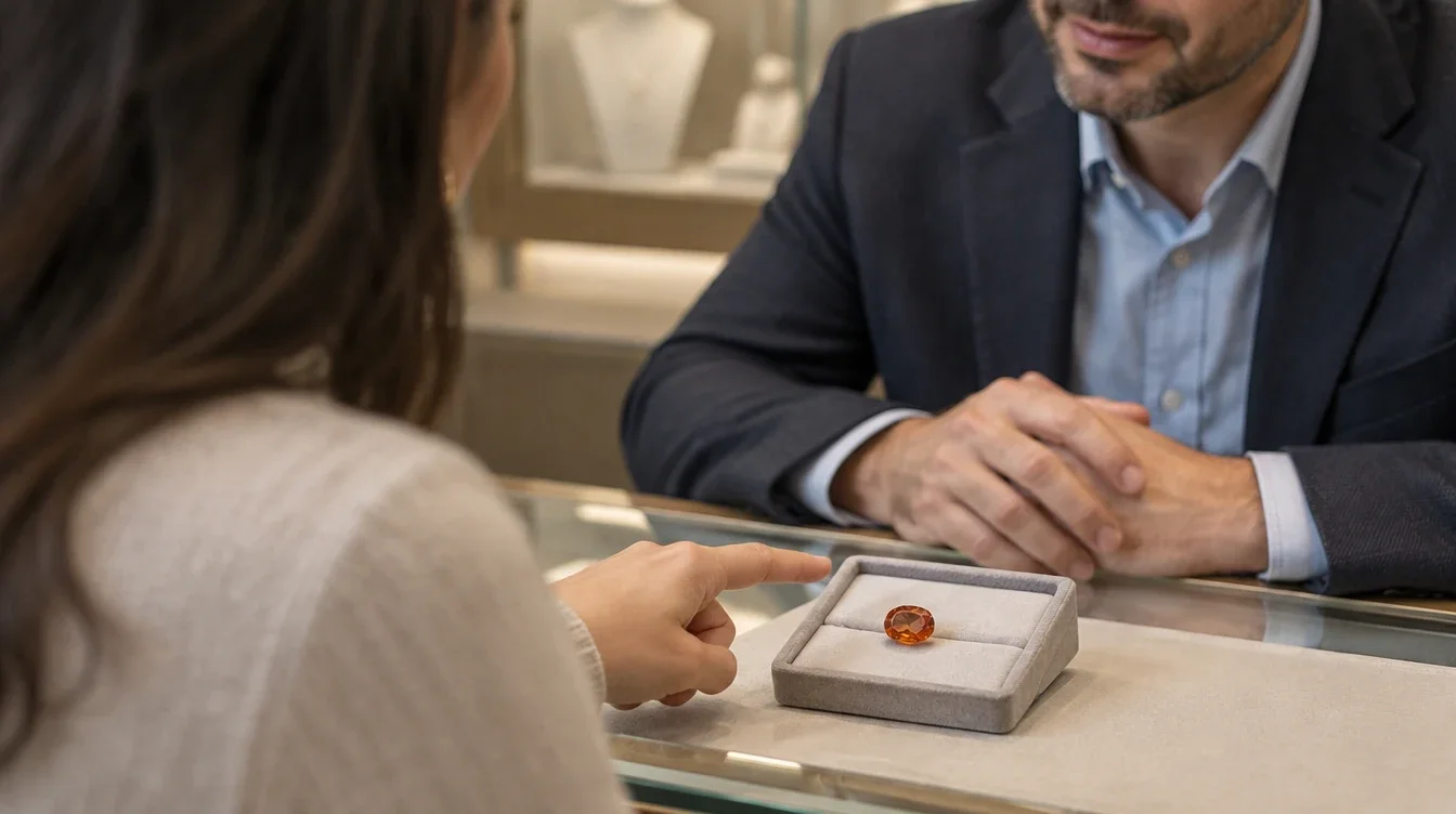 A buyer asks a jeweler about a loose orange garnet resting in a padded tray.