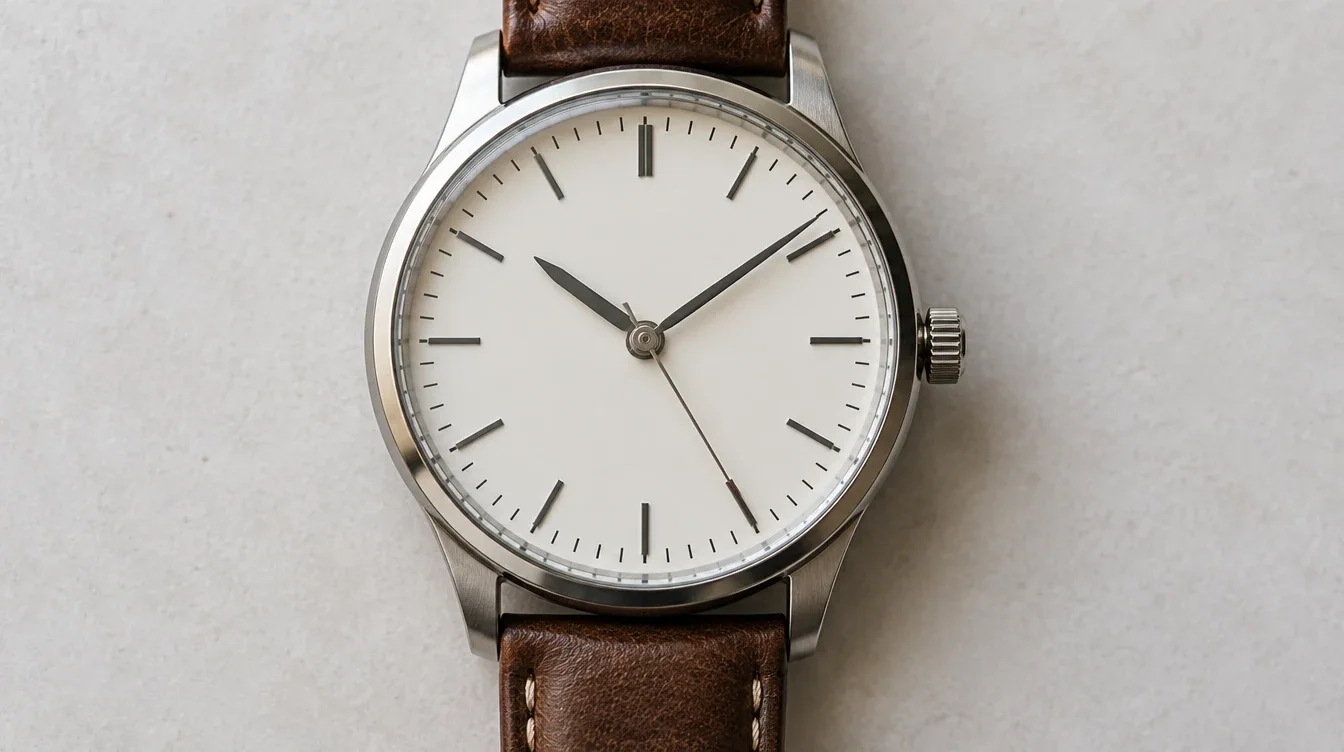 Quartz watch dial with the second hand resting slightly beside a printed marker.