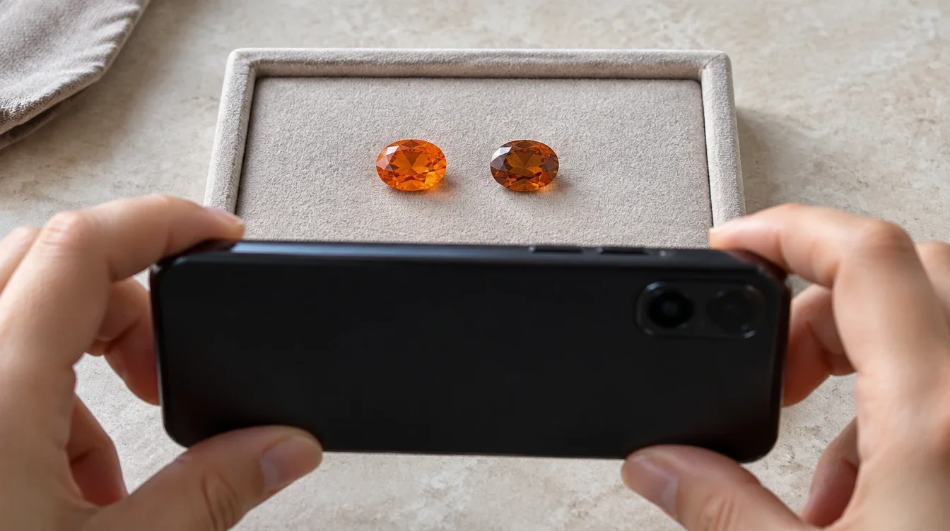 A phone records bright orange and cinnamon garnets together under the same soft light.