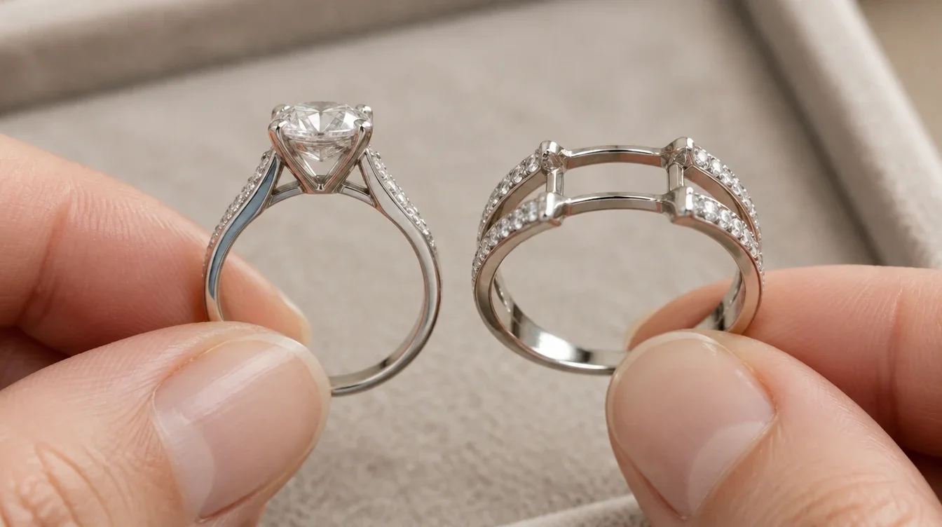 Jeweler compares widened engagement ring shoulders with a connected enhancer opening