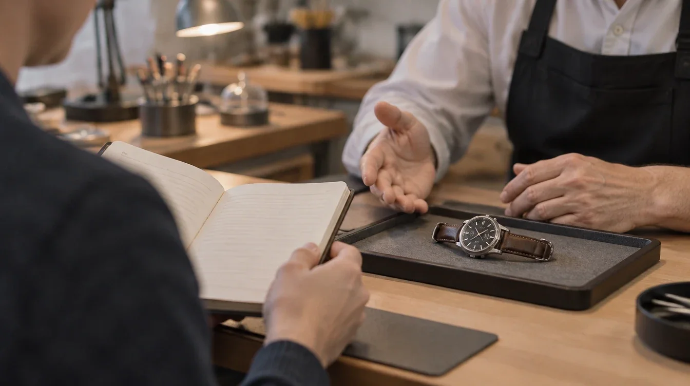 Watch owner sharing a timing notebook with a watchmaker beside a watch on a padded tray