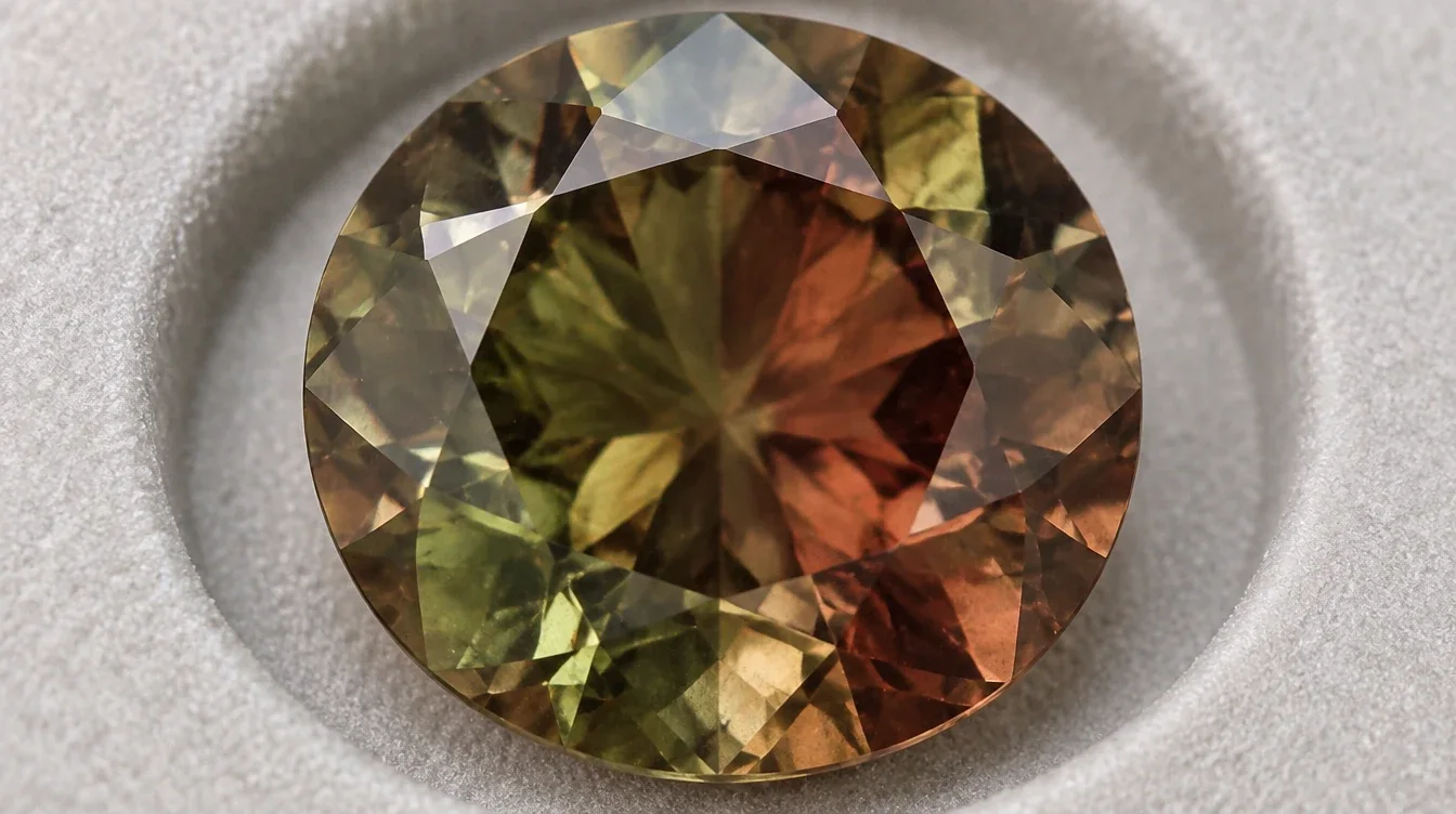 Macro view of mixed olive, brown and muted red colors across one andalusite’s facets