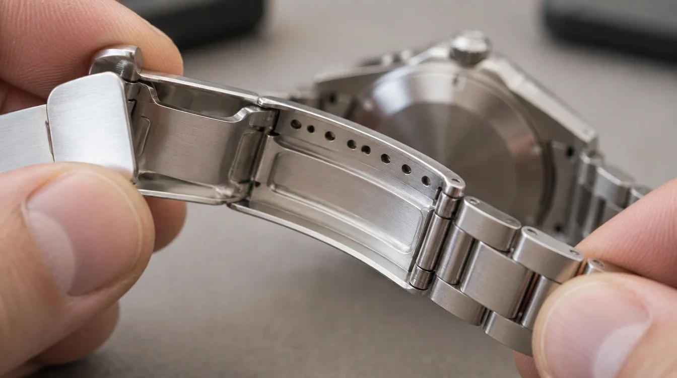 Open steel watch clasp showing adjustment holes and the attached bracelet