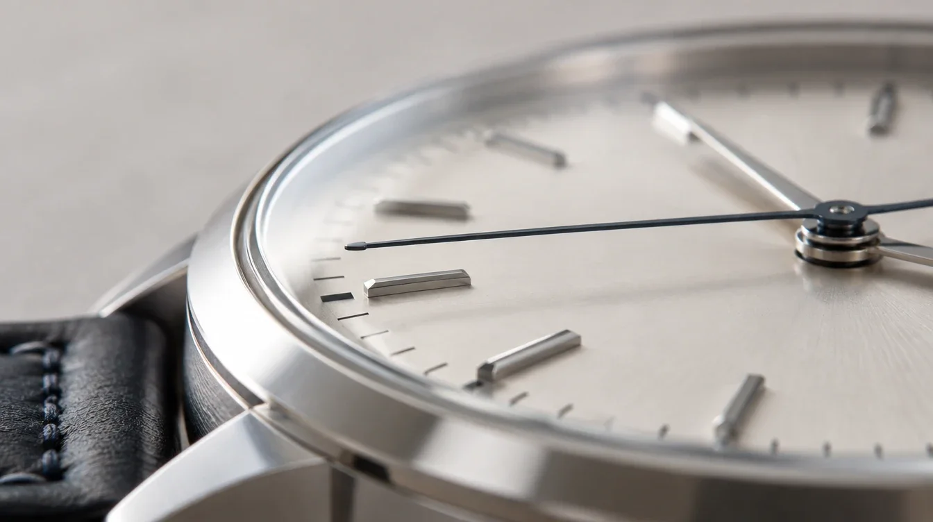 Oblique close view of watch hands raised above dial markers beneath a curved crystal.