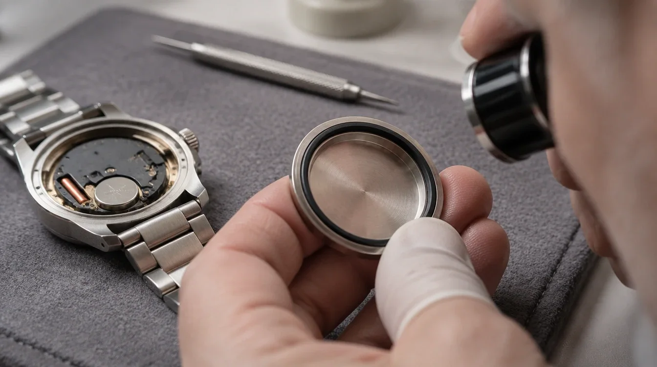 Watchmaker inspecting a case back gasket beside an opened quartz watch