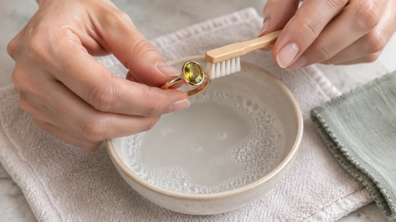 Hands gently brushing a sphene ring over a small bowl of mild soapy water