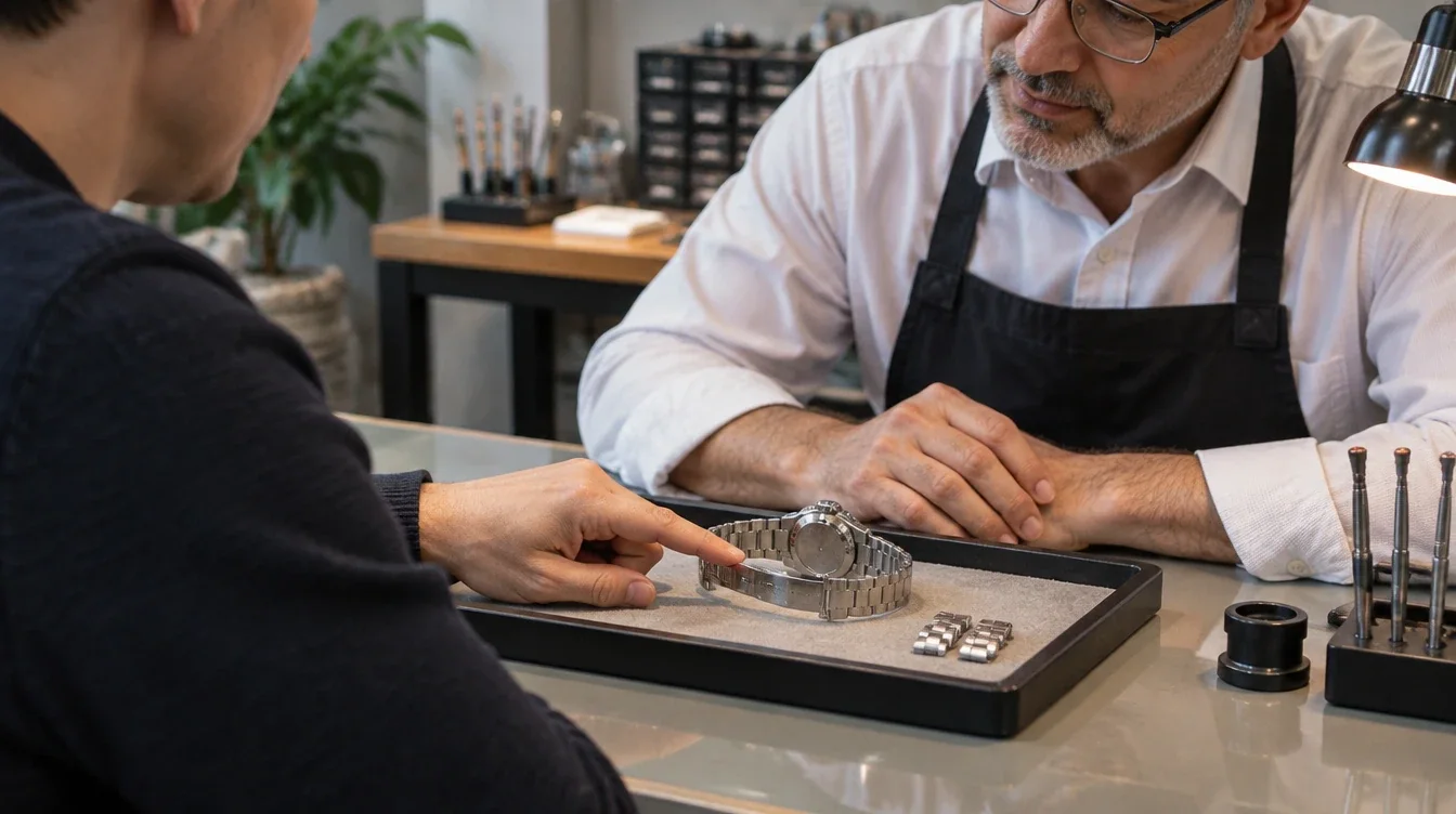 Watch owner points out a clasp concern to a watchmaker, with spare bracelet links nearby