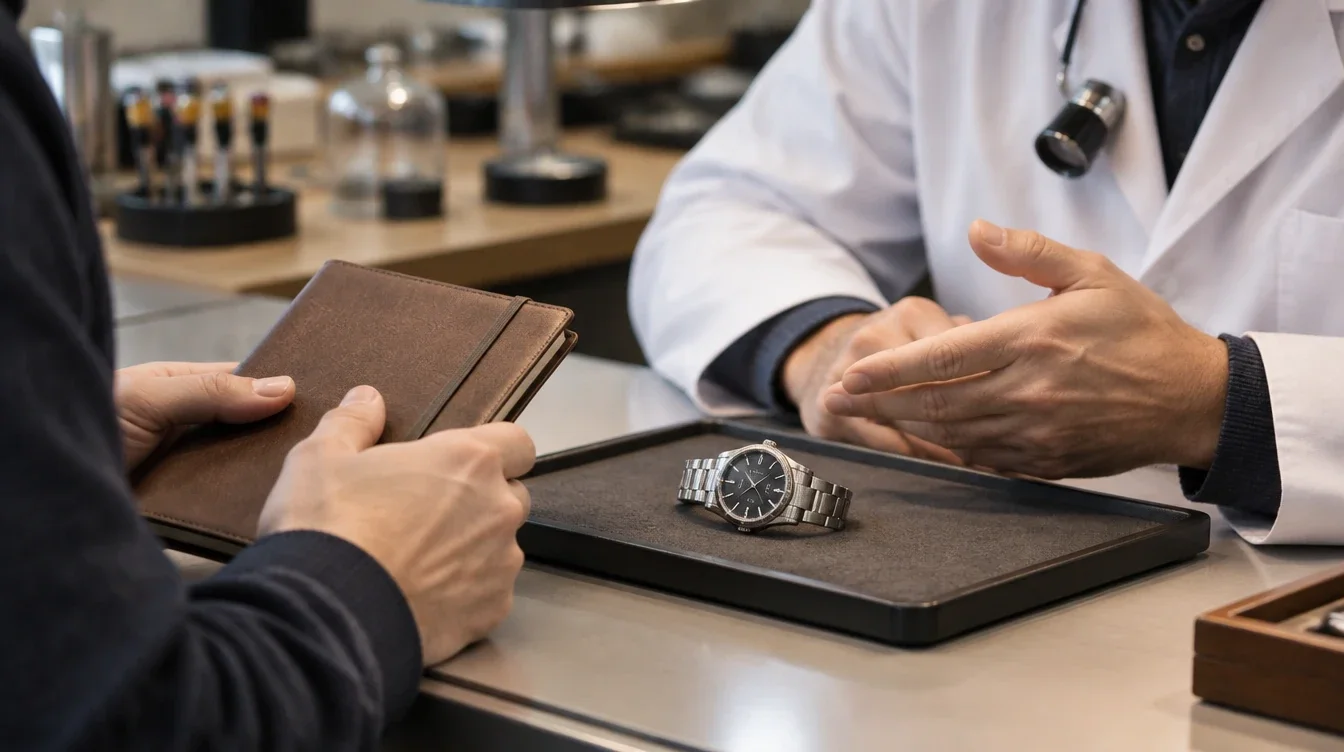 An owner brings an automatic watch and notebook to a watchmaker for a consultation.