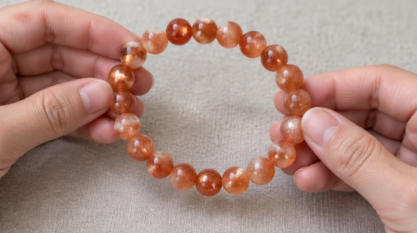 Hands support a full sunstone bead bracelet so differences in color and shimmer can be viewed together.