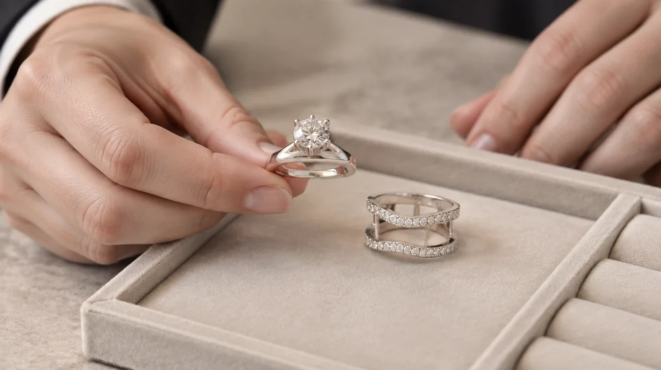Jeweler holds an engagement ring beside a connected double band enhancer on a padded tray