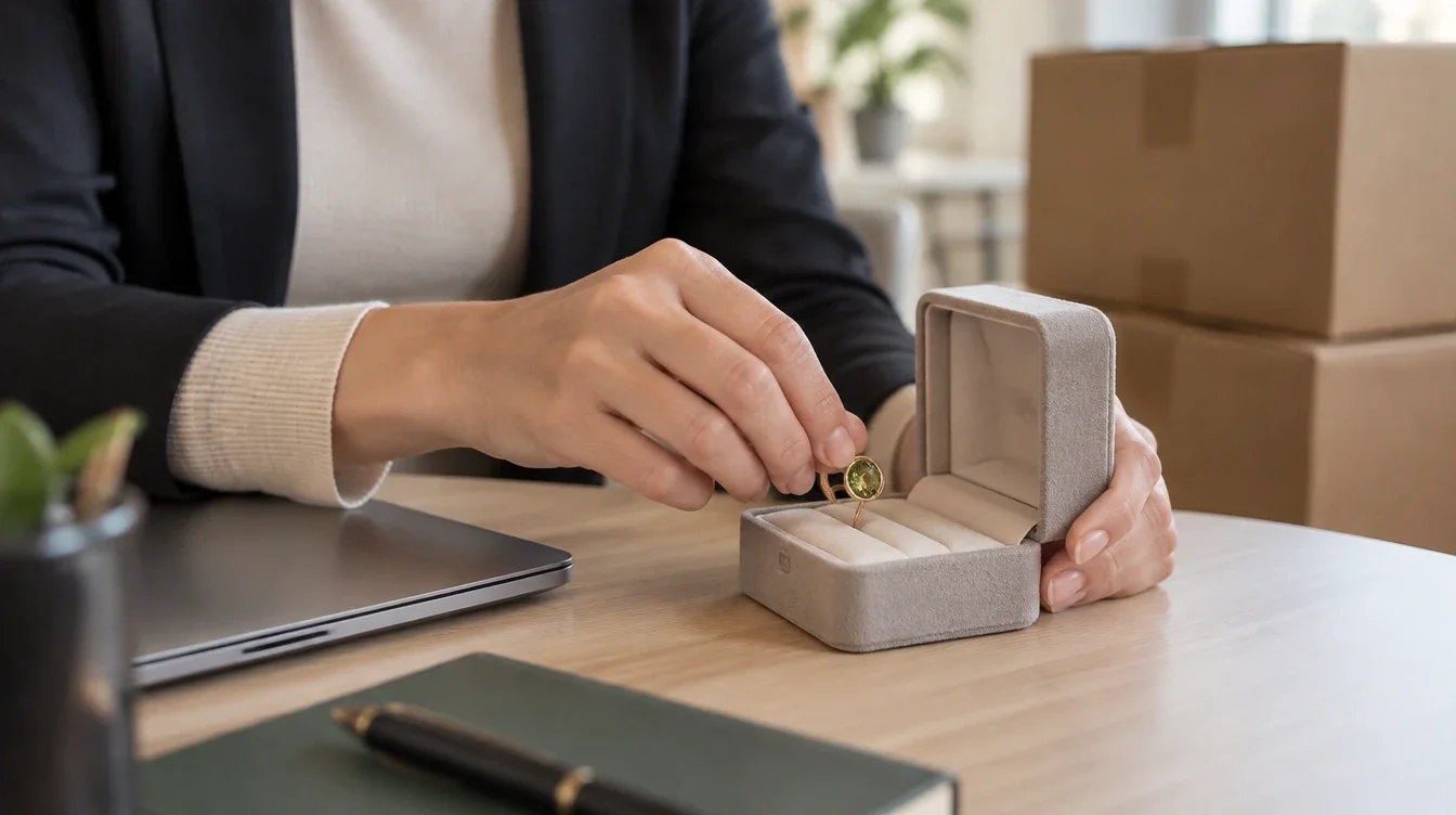 Office worker placing a sphene ring in a padded case before moving boxes