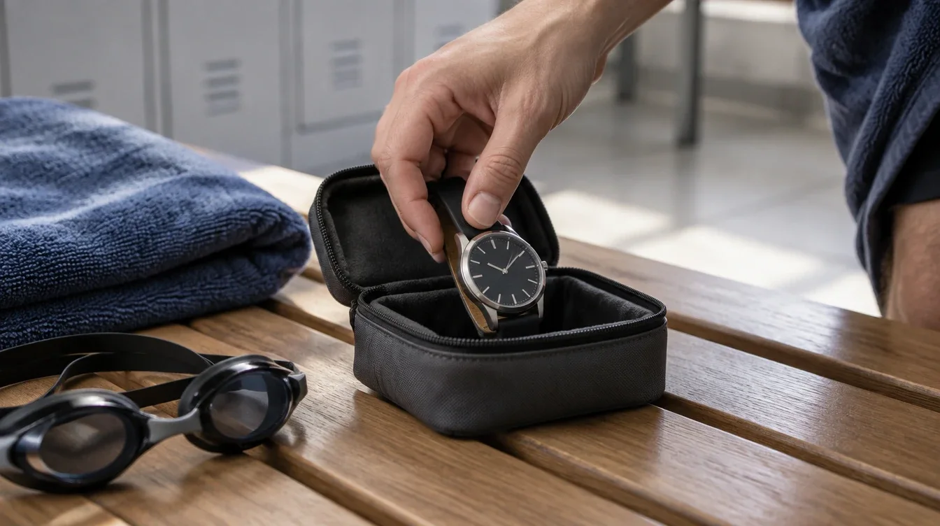Swimmer putting a wristwatch into a protective pouch before entering the pool