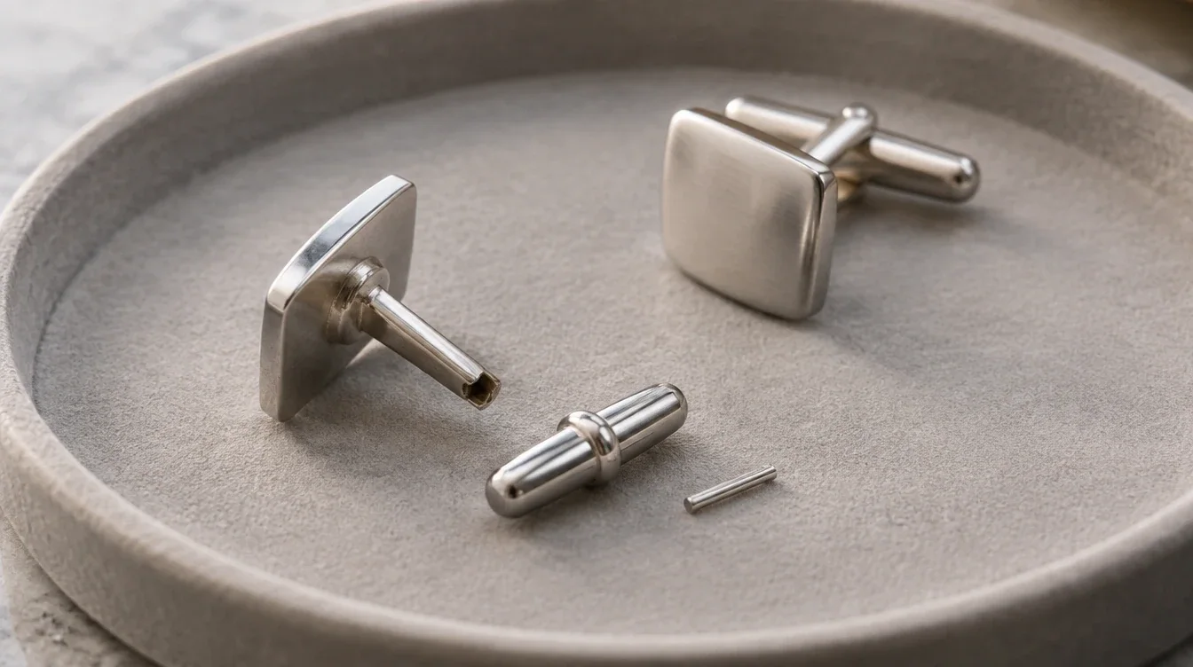 Broken swivel cufflink with its detached bar and small pin beside an intact matching cufflink