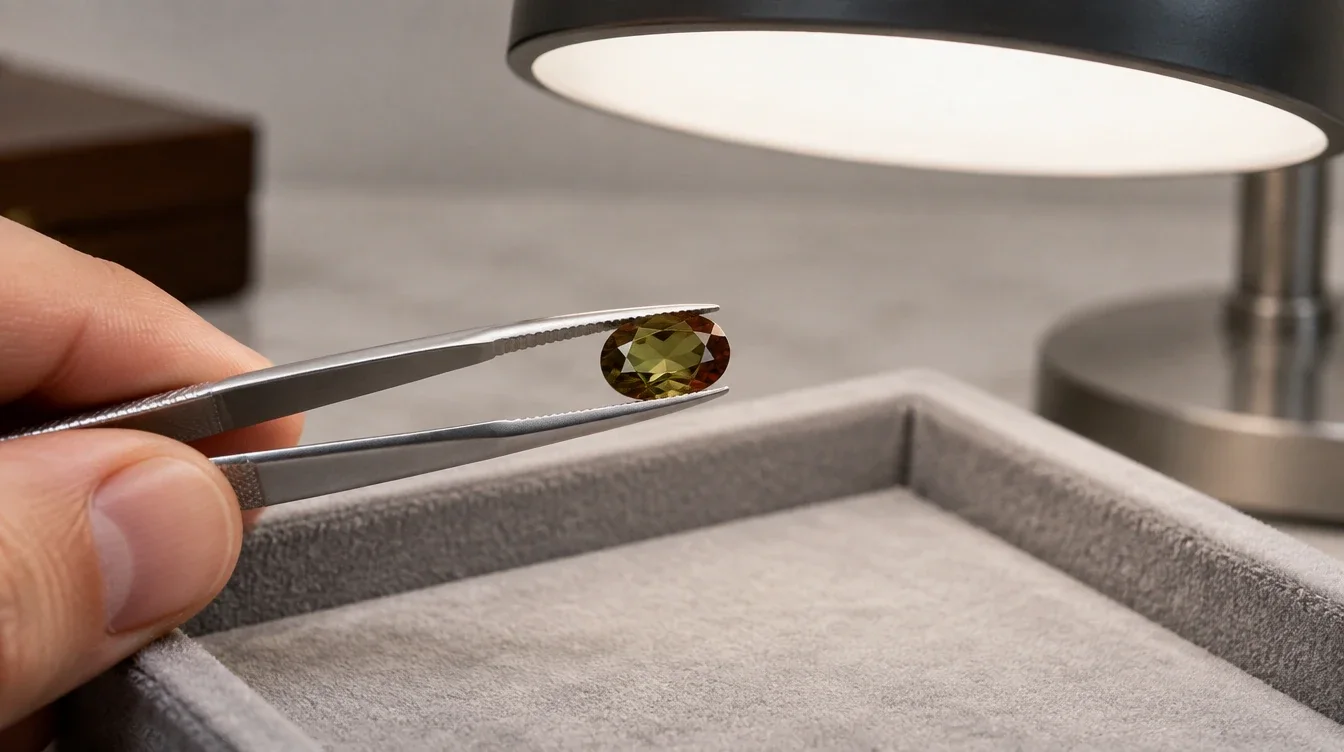 Jeweler gently tilting a loose andalusite in gem tweezers over a padded tray