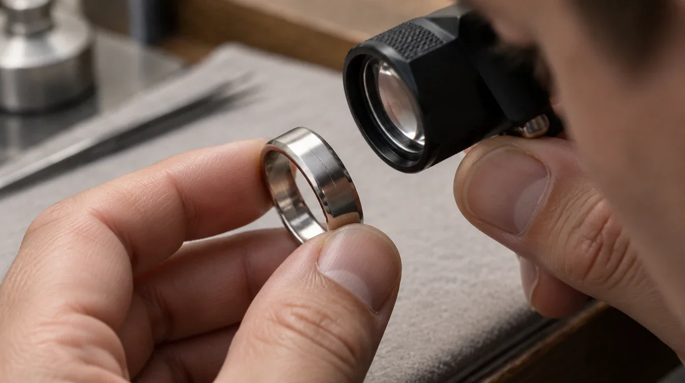 Jeweller using a loupe to inspect a small surface scuff on a white metal wedding band