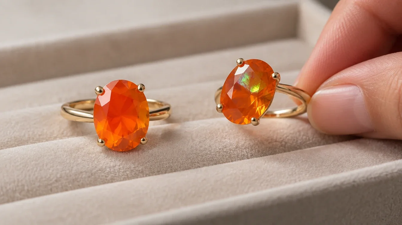 Two orange opal rings compared on one tray, with one tilted to show a small green flash