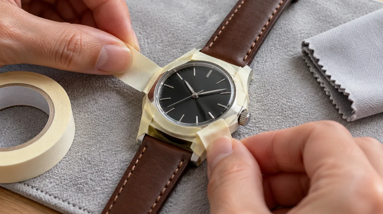 Hands masking a watch bezel while the watch rests on a clean, soft mat.